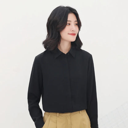 Women’s Simplicity Solid Chiffon Shirt – Casual Long Sleeve Office Blouse OL Tops