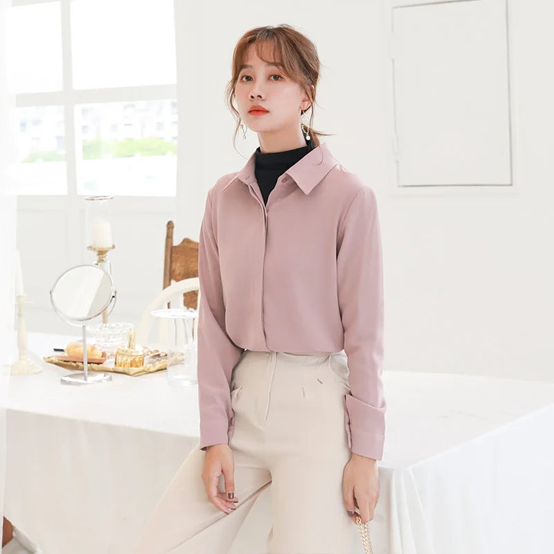 Women’s Simplicity Solid Chiffon Shirt – Casual Long Sleeve Office Blouse OL Tops