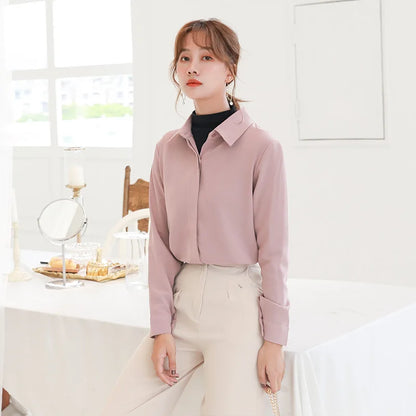 Women’s Simplicity Solid Chiffon Shirt – Casual Long Sleeve Office Blouse OL Tops
