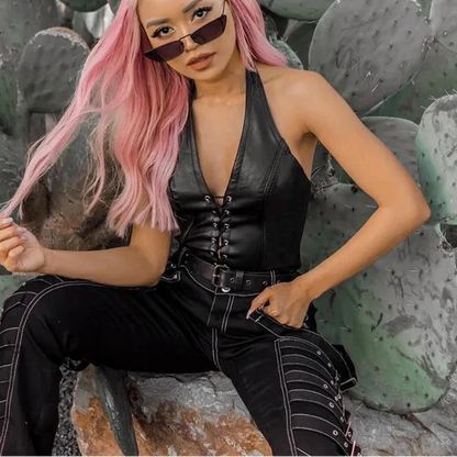 Women’s Y2K PU Leather Crop Top | Sexy Sleeveless Deep V-Neck Backless Punk Club Camisole Top