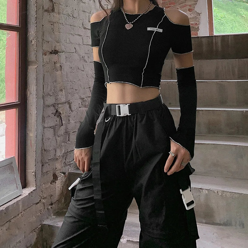 Women’s Patchwork One-Shoulder Crop Top | Y2K Asymmetric Ruffle Hem Techwear Tee