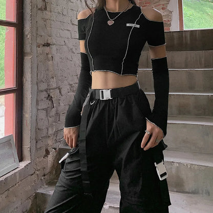 Women’s Patchwork One-Shoulder Crop Top | Y2K Asymmetric Ruffle Hem Techwear Tee