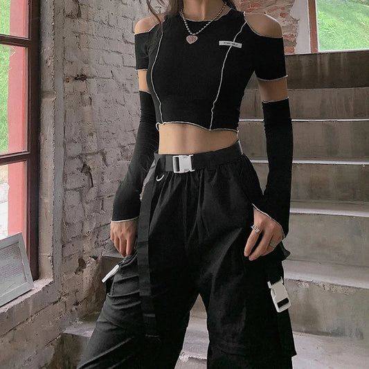 Women’s Patchwork One-Shoulder Crop Top | Y2K Asymmetric Ruffle Hem Techwear Tee