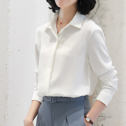 Women’s Simplicity Solid Chiffon Shirt – Casual Long Sleeve Office Blouse OL Tops