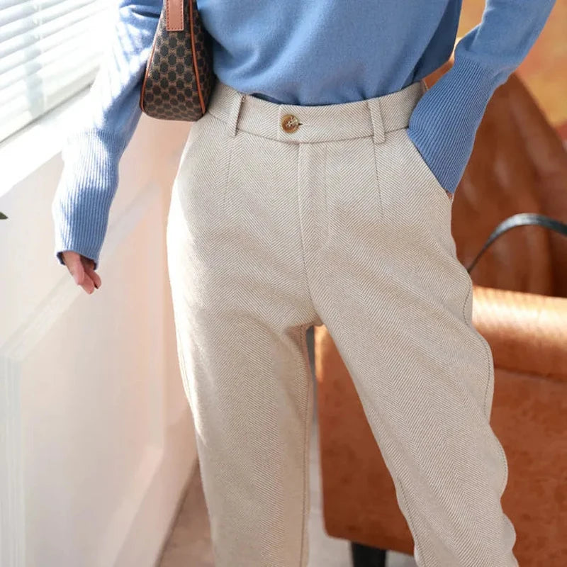 Women’s High-Waist Woolen Suit Pants – Trousers for Autumn & Winter Office Wear