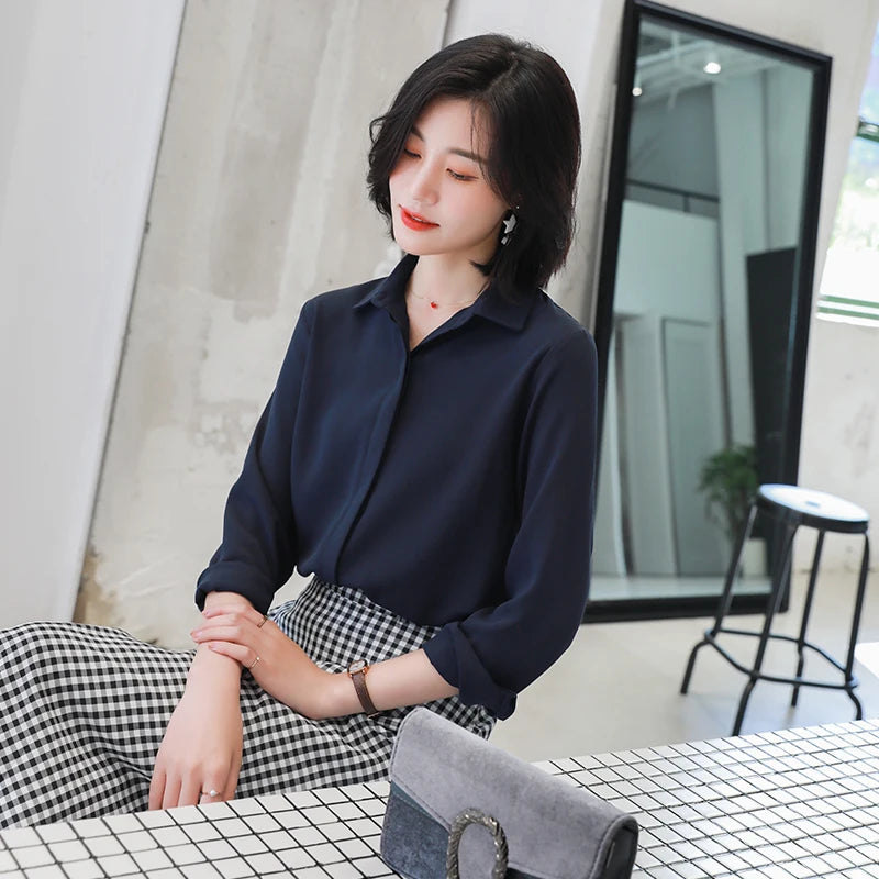 Women’s Simplicity Solid Chiffon Shirt – Casual Long Sleeve Office Blouse OL Tops