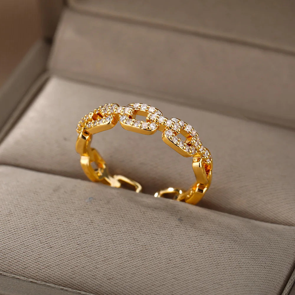 Women’s Classic Zircon Twist Chain Ring – Stainless Steel Elegant Wedding Jewelry