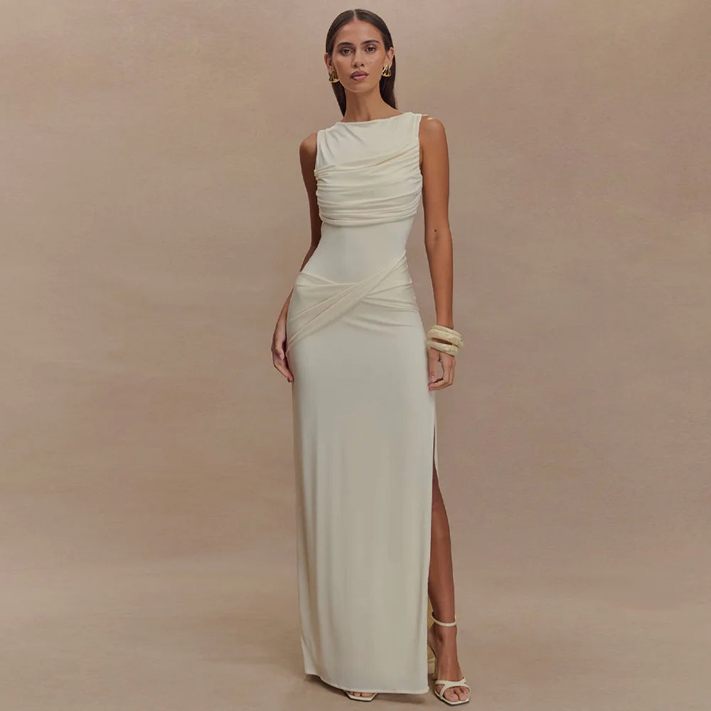 Women’s Pleated Sleeveless Maxi Dress – Elegant Evening Round Neck Slim Fit Summer 2025 Fashion Dress