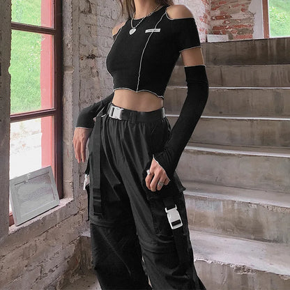 Women’s Patchwork One-Shoulder Crop Top | Y2K Asymmetric Ruffle Hem Techwear Tee