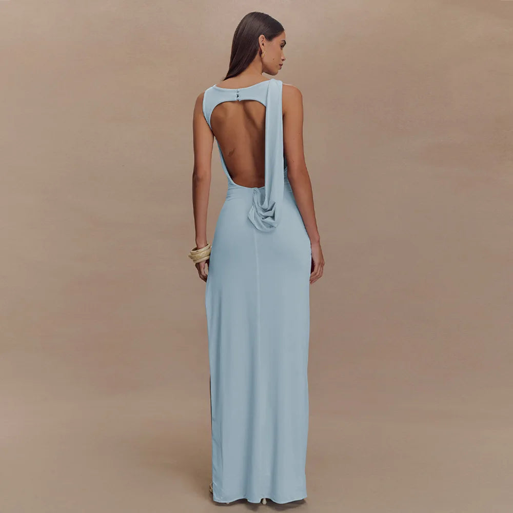 Women’s Pleated Sleeveless Maxi Dress – Elegant Evening Round Neck Slim Fit Summer 2025 Fashion Dress