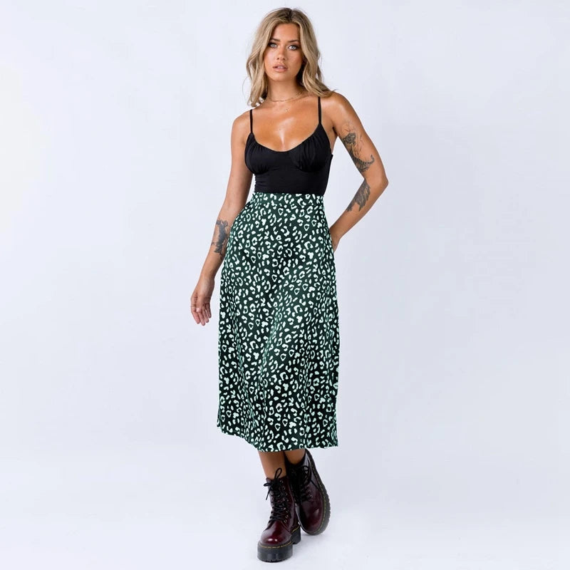 Women’s Sexy Leopard Print Split Skirt Bottom – Casual Fashion Long Zip Elegant Summer Skirt