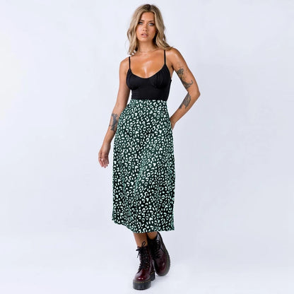 Women’s Sexy Leopard Print Split Skirt Bottom – Casual Fashion Long Zip Elegant Summer Skirt