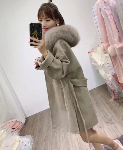 Women’s Cashmere Coat Outerwear – Long Hooded Coat with Fox Fur Trim