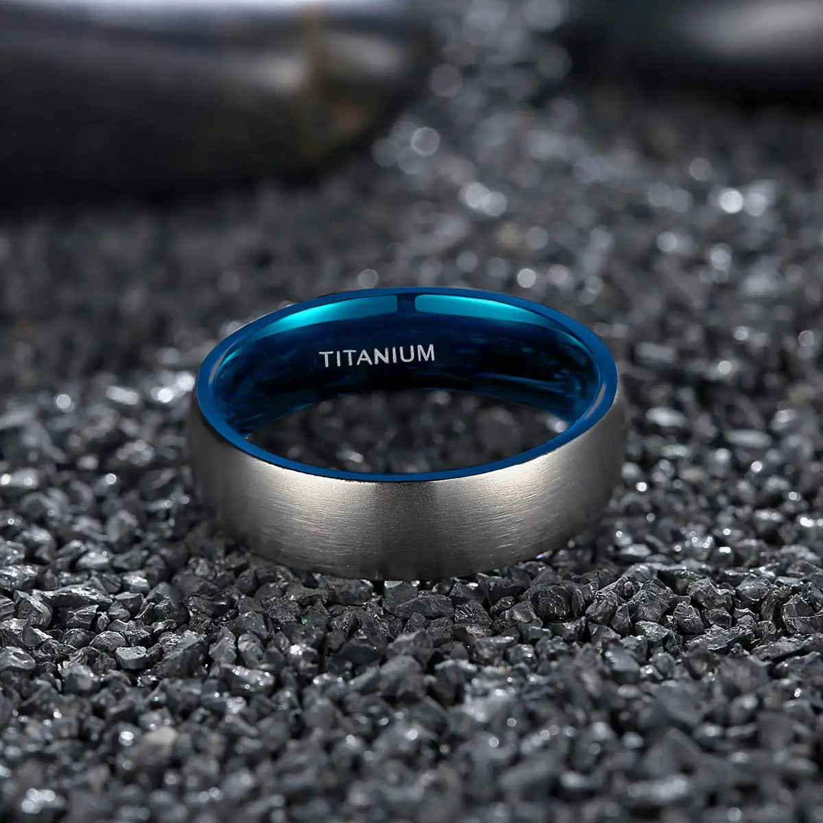 Men’s Titanium Ring – Silver 6mm Band with Black & Blue Interior Jewelry