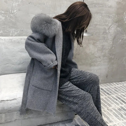 Women’s Cashmere Coat Outerwear – Long Hooded Coat with Fox Fur Trim