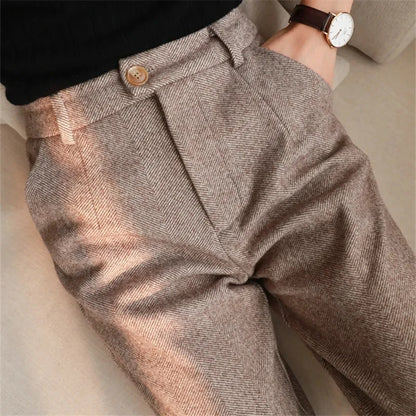 Women’s High-Waist Woolen Suit Pants – Trousers for Autumn & Winter Office Wear