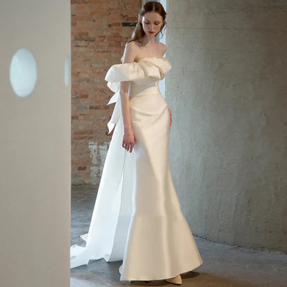 Women’s Elegant Satin Maxi Dress – Lace Waistline, Wrap Style, High-Quality Spring Bridal Gown