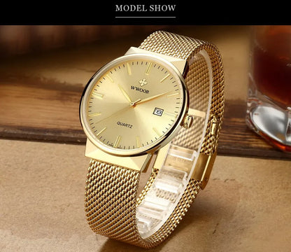 Men’s Ultra-Thin Gold Mesh Watch –Luxury Stainless Steel Waterproof Wristwatch with Date Display