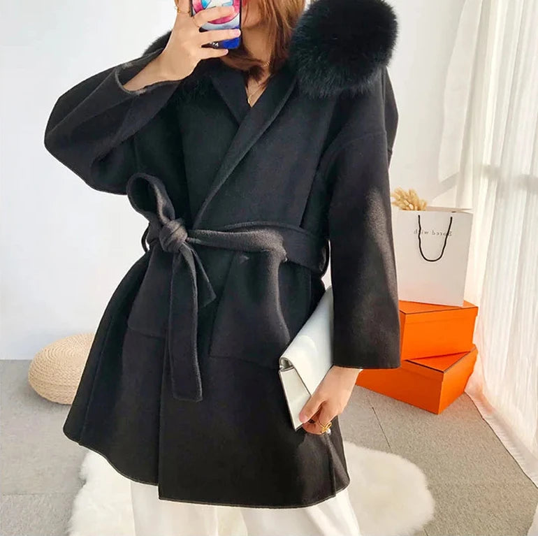 Women’s Cashmere Coat Outerwear – Long Hooded Coat with Fox Fur Trim