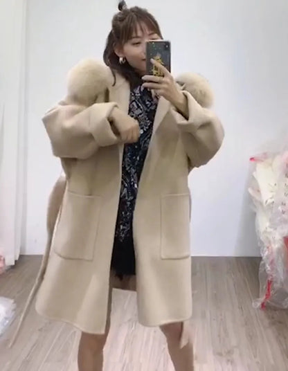 Women’s Cashmere Coat Outerwear – Long Hooded Coat with Fox Fur Trim
