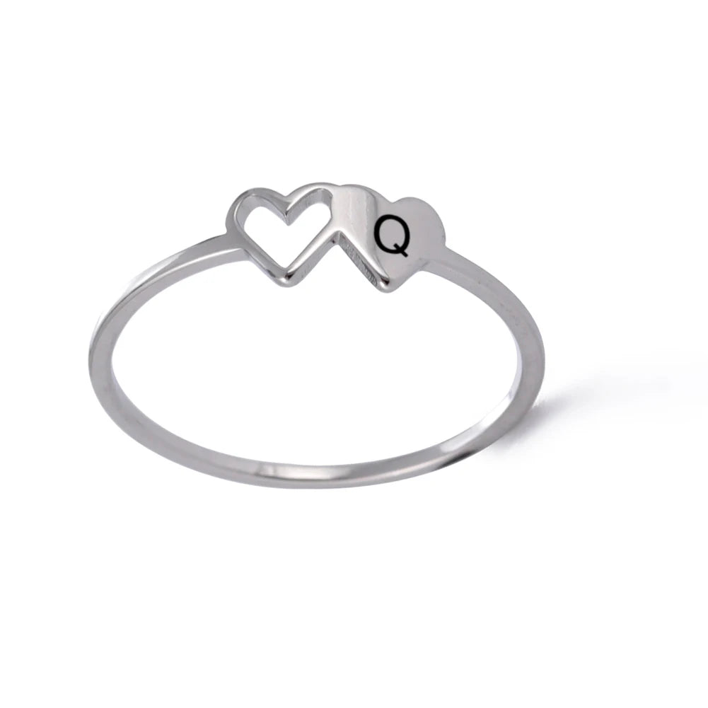 Women’s Stainless Steel Initial Ring – A–Z Alphabet Double Heart Design Jewelry