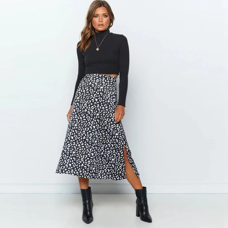 Women’s Sexy Leopard Print Split Skirt Bottom – Casual Fashion Long Zip Elegant Summer Skirt