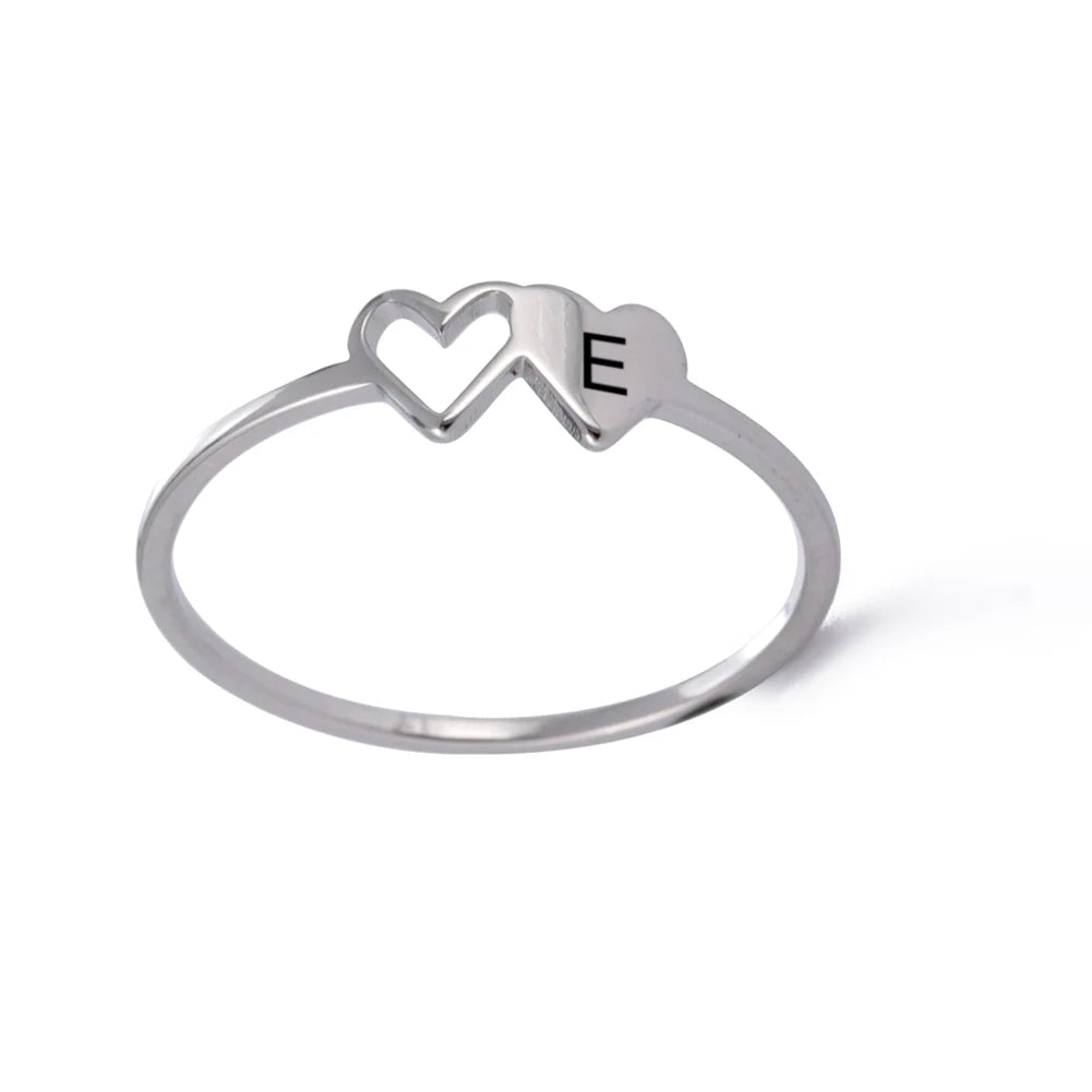 Women’s Stainless Steel Initial Ring – A–Z Alphabet Double Heart Design Jewelry