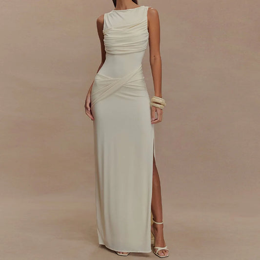 Women’s Pleated Sleeveless Maxi Dress – Elegant Evening Round Neck Slim Fit Summer 2025 Fashion Dress