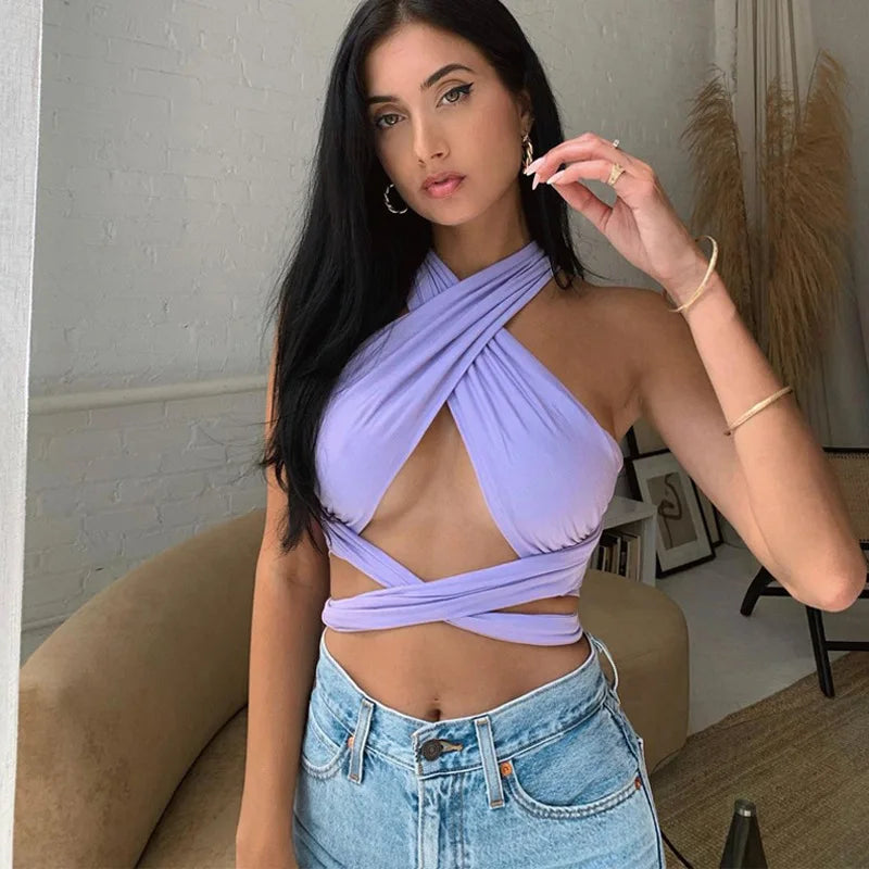 Women’s Strappy Cross Over Crop Top | Cut Out Backless Wrap Bandage Vest | Sexy Sleeveless Summer Top