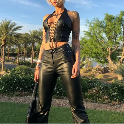 Women’s Y2K PU Leather Crop Top | Sexy Sleeveless Deep V-Neck Backless Punk Club Camisole Top