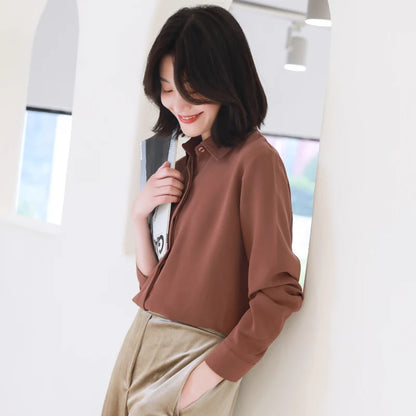 Women’s Simplicity Solid Chiffon Shirt – Casual Long Sleeve Office Blouse OL Tops