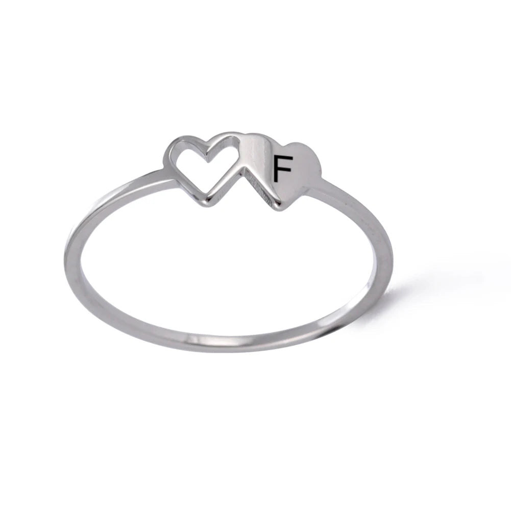 Women’s Stainless Steel Initial Ring – A–Z Alphabet Double Heart Design Jewelry