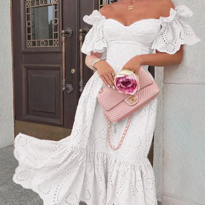 Women’s Off Shoulder Midi Dress – Elegant V-Neck A-Line Slim Fit Dress