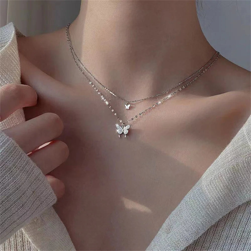Women’s Jewelry Shiny Butterfly Layered Necklace | Elegant | Double Layer | Gift