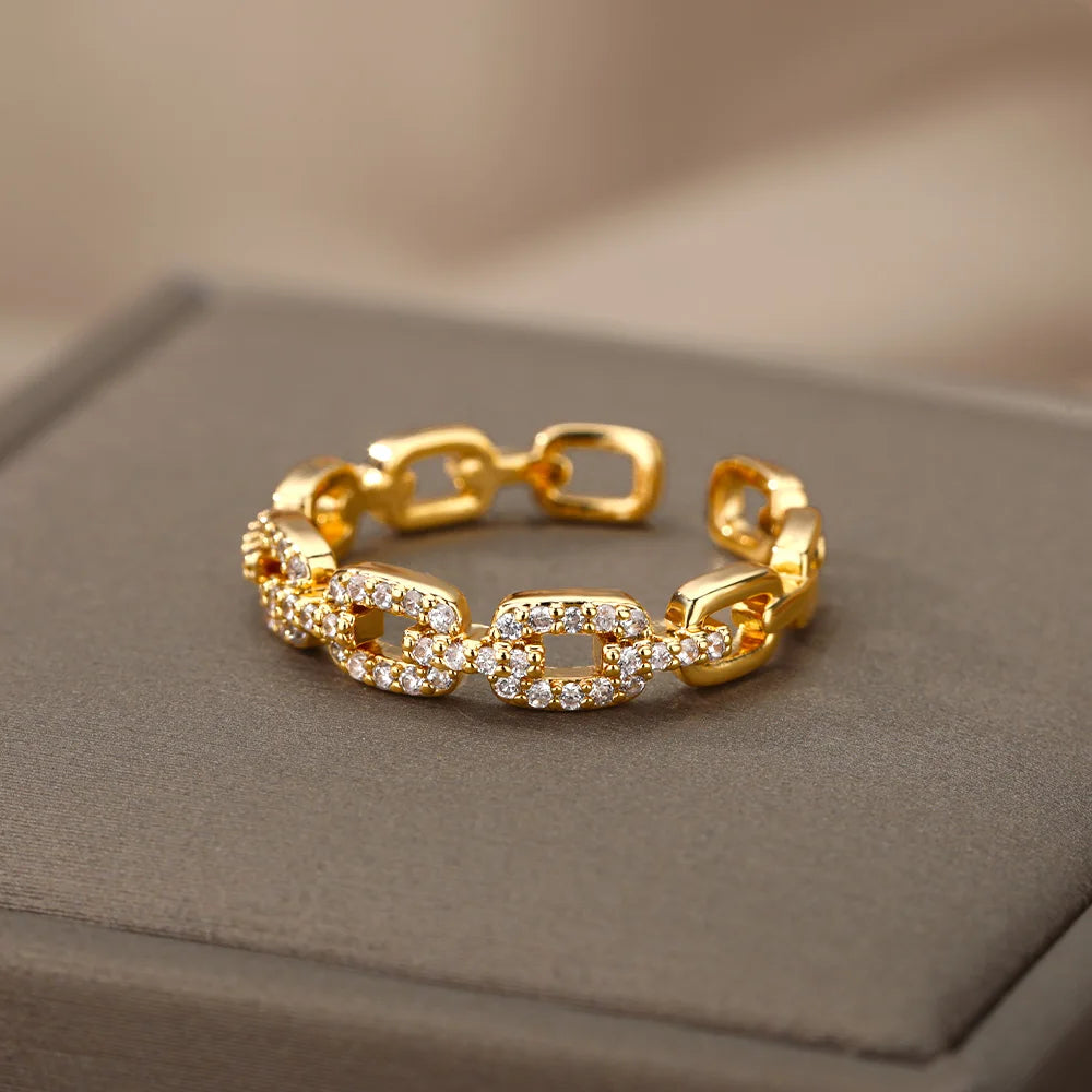 Women’s Classic Zircon Twist Chain Ring – Stainless Steel Elegant Wedding Jewelry