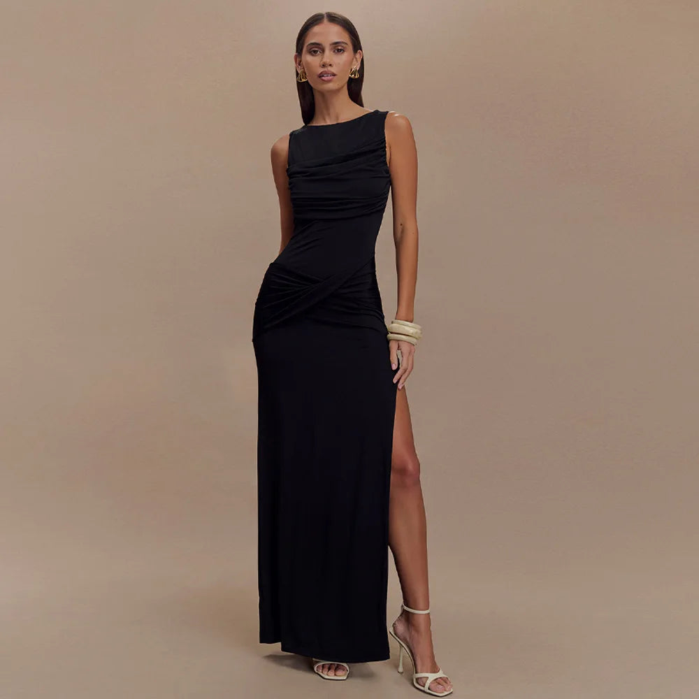 Women’s Pleated Sleeveless Maxi Dress – Elegant Evening Round Neck Slim Fit Summer 2025 Fashion Dress