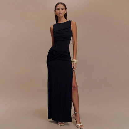 Women’s Pleated Sleeveless Maxi Dress – Elegant Evening Round Neck Slim Fit Summer 2025 Fashion Dress