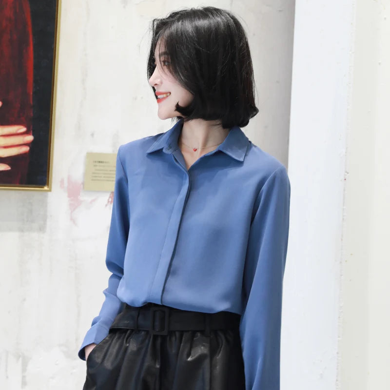 Women’s Simplicity Solid Chiffon Shirt – Casual Long Sleeve Office Blouse OL Tops