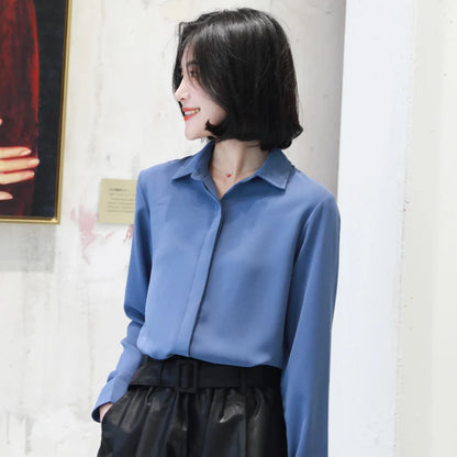 Women’s Simplicity Solid Chiffon Shirt – Casual Long Sleeve Office Blouse OL Tops