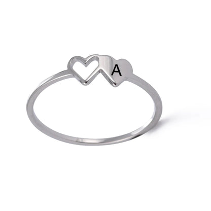 Women’s Stainless Steel Initial Ring – A–Z Alphabet Double Heart Design Jewelry