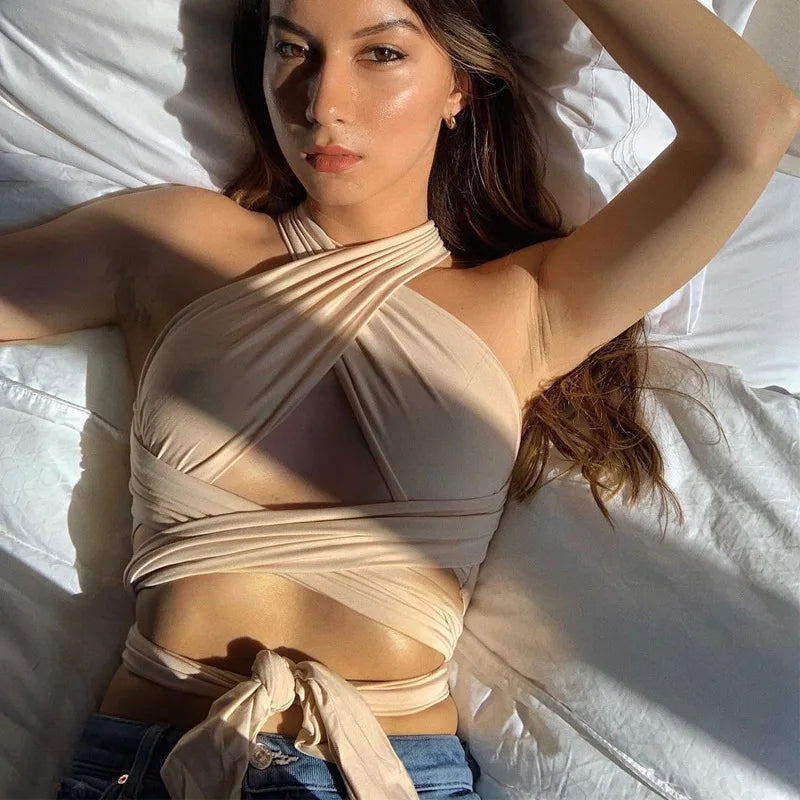 Women’s Strappy Cross Over Crop Top | Cut Out Backless Wrap Bandage Vest | Sexy Sleeveless Summer Top