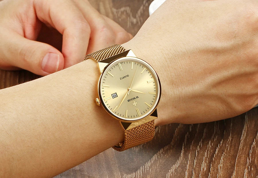 Men’s Ultra-Thin Gold Mesh Watch –Luxury Stainless Steel Waterproof Wristwatch with Date Display