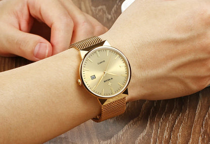 Men’s Ultra-Thin Gold Mesh Watch –Luxury Stainless Steel Waterproof Wristwatch with Date Display