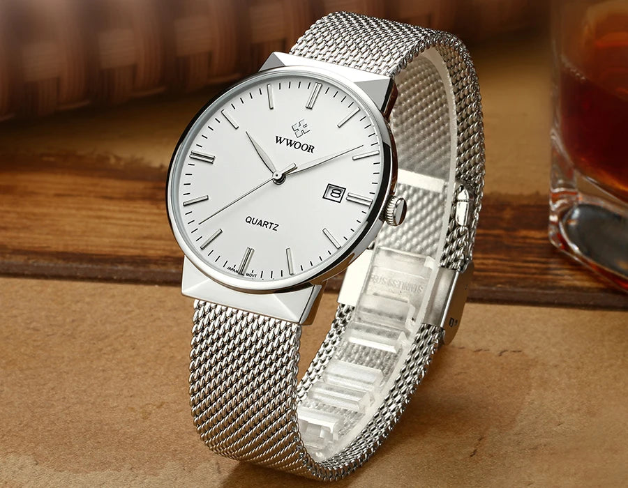 Men’s Ultra-Thin Gold Mesh Watch –Luxury Stainless Steel Waterproof Wristwatch with Date Display