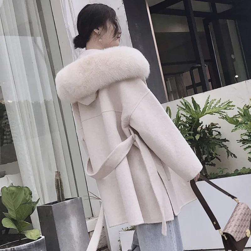 Women’s Cashmere Coat Outerwear – Long Hooded Coat with Fox Fur Trim