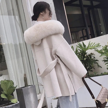 Women’s Cashmere Coat Outerwear – Long Hooded Coat with Fox Fur Trim