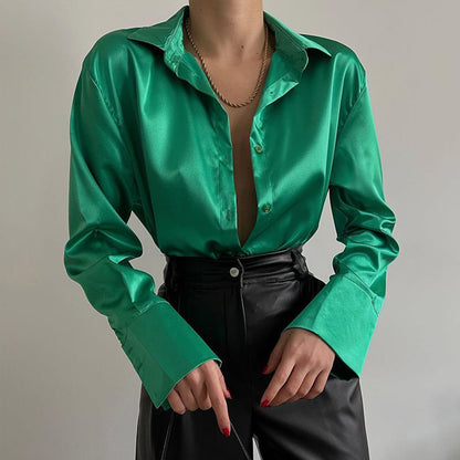 Women’s Vintage Polo Collar Shirt Top – Loose Button-Up Office Blouse in Blue, Green & Black for Autumn Fashion