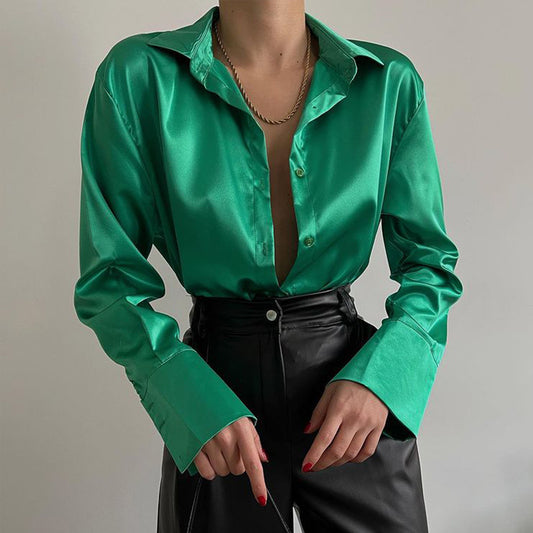 Women’s Vintage Polo Collar Shirt Top – Loose Button-Up Office Blouse in Blue, Green & Black for Autumn Fashion