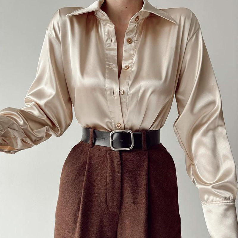 Women’s Vintage Polo Collar Shirt Top – Loose Button-Up Office Blouse in Blue, Green & Black for Autumn Fashion