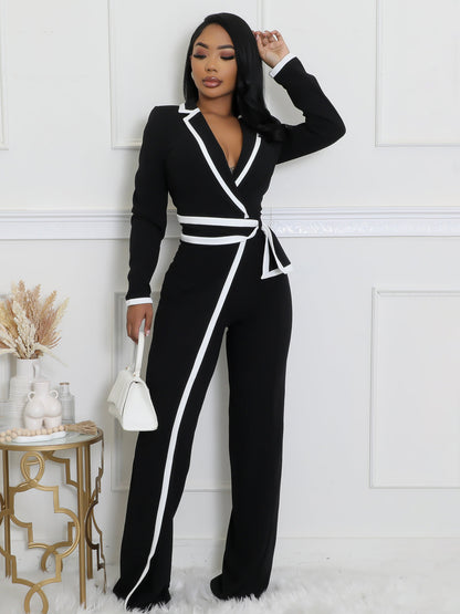 Women’s Contrast Patchwork V-Neck Belted Wide Leg Jumpsuit | Elegant Slim One-Piece Outfit